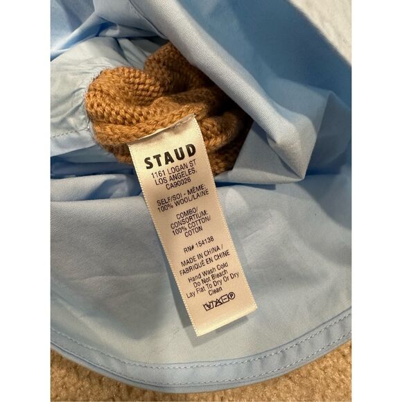 NWT Staud Cooper Knit Vest and Poplin Long-Sleeve Combo Shirt Camel $375 - Picture 11 of 12